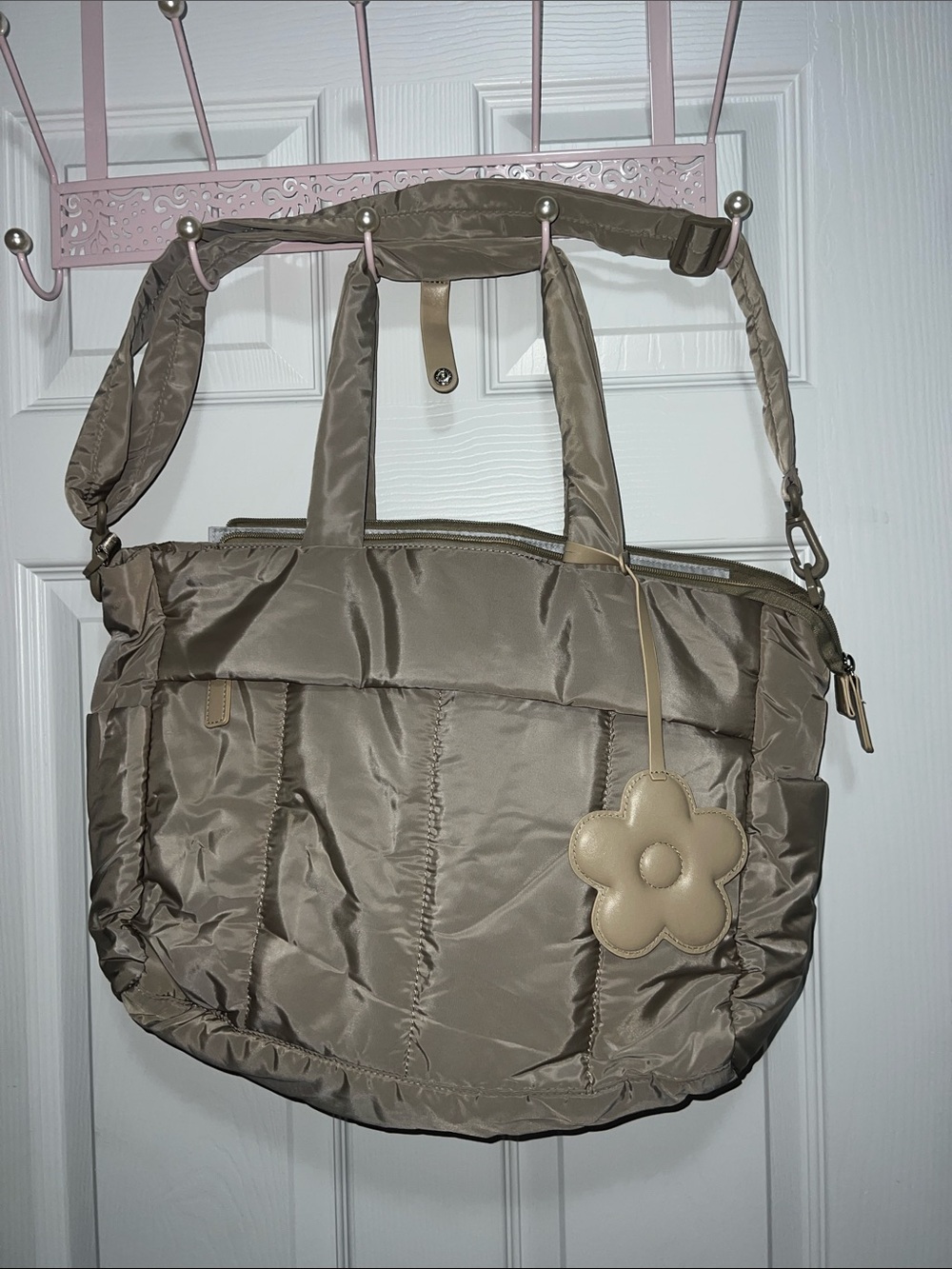 Taupe Quilted Tote Bag with Flower Charm